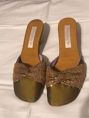 Olivia Rose Tal Sequin Knot Mule Heels Olive Bronze Size 8 Leather